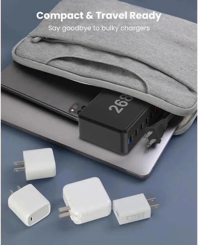 Alt view image 7 of 7 - Vszerda 8 Prots USB C 268W Fast Charger QC4.0 USB PD Muti Ports GaN Charger Mobile Phone Quick Charging Type C Wall for iPhone Xiaomi Samsung - Black