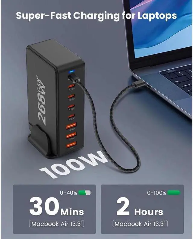 Alt view image 5 of 7 - Vszerda 8 Prots USB C 268W Fast Charger QC4.0 USB PD Muti Ports GaN Charger Mobile Phone Quick Charging Type C Wall for iPhone Xiaomi Samsung - Black