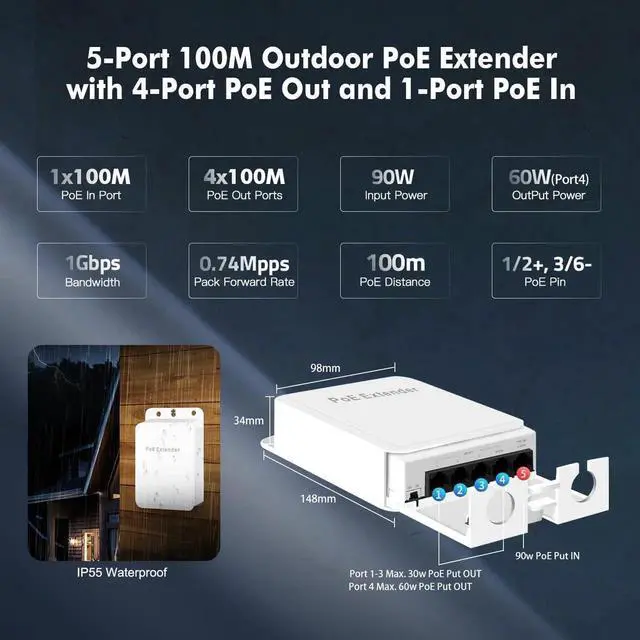 Alt view image 6 of 7 - Vszerda Outdoor PoE Passthrough Switch, 1 PoE in 4 PoE Out Extender, IEEE802.3af/at/bt PoE Powered 90W, 100Mbps Ethernet, Wall Mount Waterproof Plug and Play
