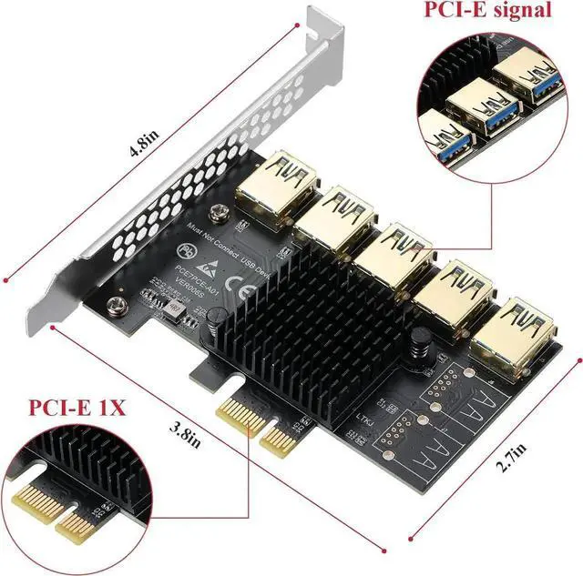 Alt view image 5 of 6 - Vszerda PCI-E 1 to 5 USB Slots Riser Card - Higher Stability USB 3.0 Adapter Multiplier Card for Bitcoin Mining Compatible with Windows Linux Mac