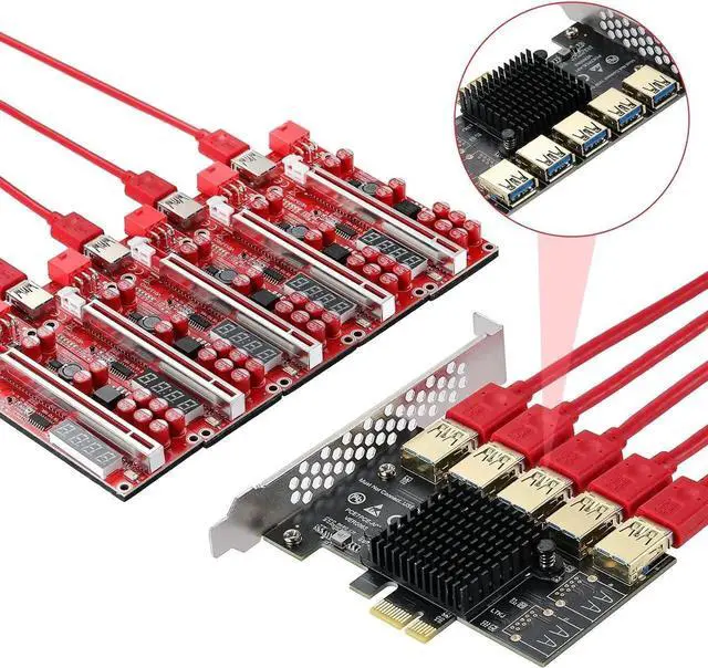 Alt view image 4 of 6 - Vszerda PCI-E 1 to 5 USB Slots Riser Card - Higher Stability USB 3.0 Adapter Multiplier Card for Bitcoin Mining Compatible with Windows Linux Mac