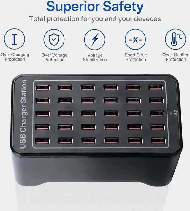 Alt view image 2 of 7 - Vszerda 150w 30(30A) Port, USB Fast Charging Station,Travel Desktop USB Rapid Charger,Multi Ports Charging Station Organizer Compatible with Smartphones,Tables,and More Devices - Black