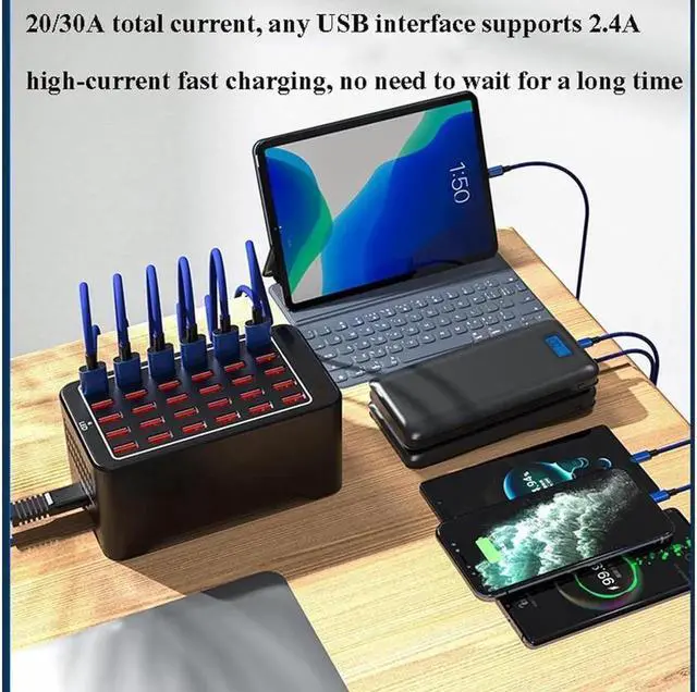 Alt view image 5 of 7 - Vszerda 150w 30(30A) Port, USB Fast Charging Station,Travel Desktop USB Rapid Charger,Multi Ports Charging Station Organizer Compatible with Smartphones,Tables,and More Devices - Black