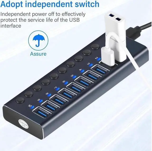 Alt view image 6 of 7 - Vszerda Powered USB 3.0 USB C Hub, Aluminum USB 10 Port, 12V/5A AC Adapter, with Individual On/Off Switches for MacBook, Mac Pro/Mini and More
