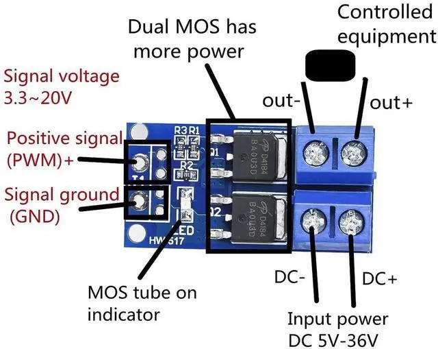 Alt view image 6 of 6 - Vszerda DC 5V-36V 15A Max 30A 400W Dual High-Power MOSFET Trigger Switch Drive Module 0-20KHz PWM Adjustment Electronic Switch Control Board DC Motor Speed Controller for Arduino 10pcs