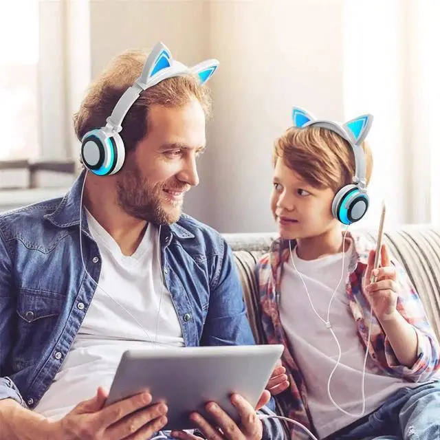 Alt view image 4 of 5 - Vszerda Gemdeck Wired Headphones with Microphone, On-Ears Adjustable Stereo Foldable LED Cat Kitty Gift
