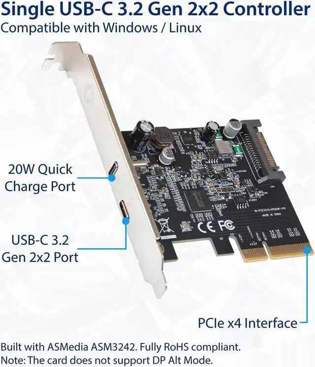 Alt view image 5 of 6 - Vszerda IO CREST USB-C 3.2 Gen 2x2 + 20W QC Power Delivery PCI-e Gen 3 x4 Expansion Card SATA Powered ASMedia ASM3242
