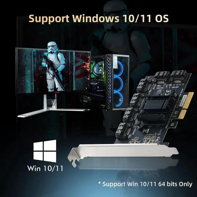 Alt view image 2 of 7 - Vszerda PCIE X4 to SATA Card 6 Port, 6Gbps SATA 3.0 Controller, Includes 6 SATA Cables and Low Profile Bracket, for Windows 10/11