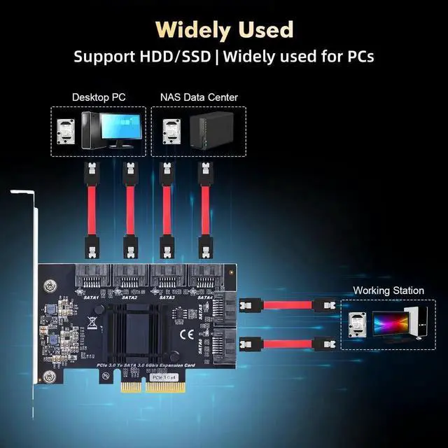 Alt view image 4 of 7 - Vszerda PCIE X4 to SATA Card 6 Port, 6Gbps SATA 3.0 Controller, Includes 6 SATA Cables and Low Profile Bracket, for Windows 10/11