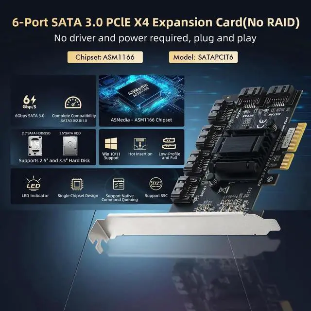 Alt view image 3 of 7 - Vszerda PCIE X4 to SATA Card 6 Port, 6Gbps SATA 3.0 Controller, Includes 6 SATA Cables and Low Profile Bracket, for Windows 10/11