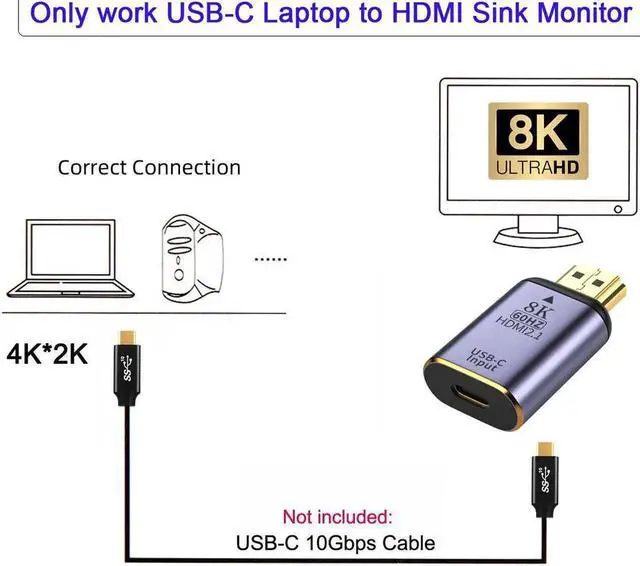 Alt view image 2 of 3 - Vszerda 8K@60hz 4K@120hz USB-C Type C Female Source Input to HDMI-compatible 2.1 Male Output HDTV Adapter for Tablet