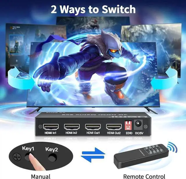 Alt view image 2 of 7 - Vszerda 2x2 HDMI Matrix, HDMI Matrix Switch Splitter 2 in 2 Out with Remote Control, Support UHD HDR 4K@60hz, HDMI 2.0, HDCP 2.2, 18Gbps, EDID Management, Digital Optical Stereo, Audio Extractor