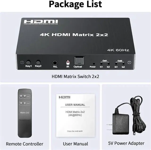 Alt view image 5 of 7 - Vszerda 2x2 HDMI Matrix, HDMI Matrix Switch Splitter 2 in 2 Out with Remote Control, Support UHD HDR 4K@60hz, HDMI 2.0, HDCP 2.2, 18Gbps, EDID Management, Digital Optical Stereo, Audio Extractor