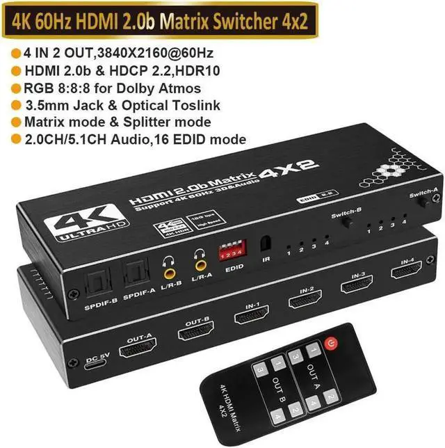 Main image of Vszerda 4K@60Hz 4X2HDMI Matrix, 4 in 2 Out Switcher with HDR10,2xSPDIF Audio, 2x3.5mm L/R Audio, EDID, Downscaler 4K to 1080P and RGB 8:8:8(Dolby ATMOS)