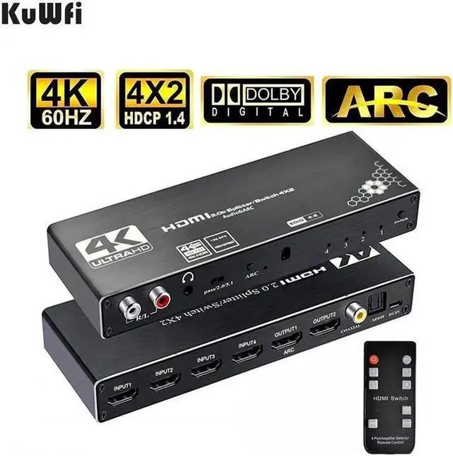 Main image of Vszerda 4K@60Hz HDMI Matrix Switch 4 in 2 Out Switcher 18G Ultra HD Supports Up to 4K @ 60Hz & 1080P EDID HDCP 2.2 HDR10- Remote Control (OZJ1)