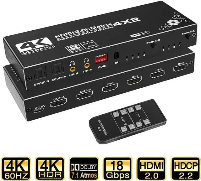 Main image of Vszerda HDMI Matrix 4x2,4K@60Hz HDMI Matrix Switch 4 in 2 Out with EDID Extractor and IR Remote Control, Support HDMI 2.0b, HDCP2.2, HDR10, Ultra HD, 3D