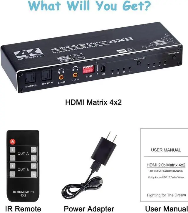 Alt view image 5 of 7 - Vszerda HDMI Matrix 4x2,4K@60Hz HDMI Matrix Switch 4 in 2 Out with EDID Extractor and IR Remote Control, Support HDMI 2.0b, HDCP2.2, HDR10, Ultra HD, 3D