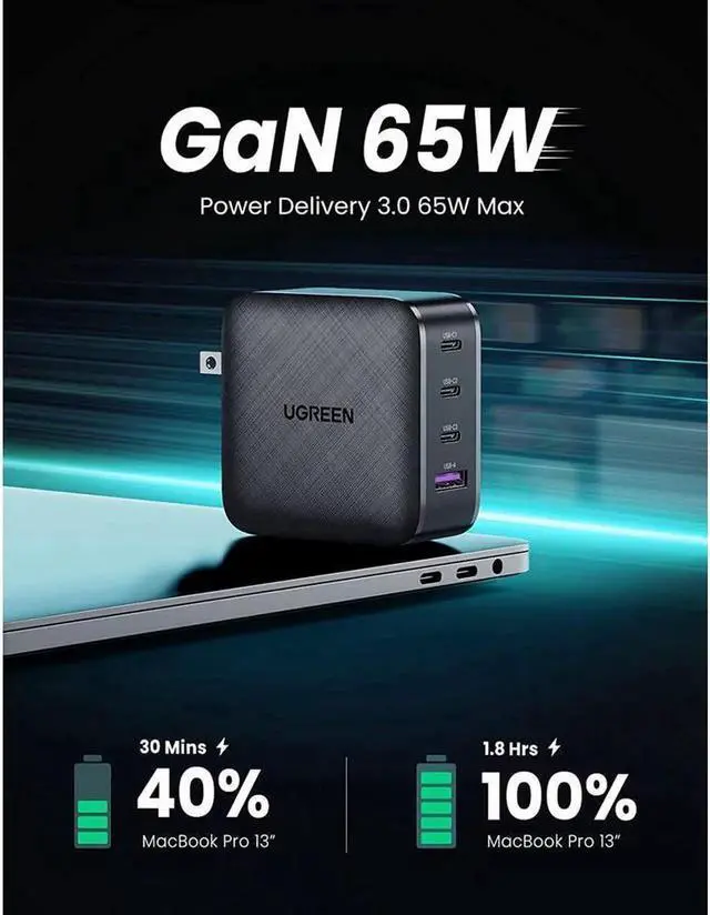 Alt view image 3 of 7 - Vszerda65W USB C Charger for Smartphone&Laptop, 4-Port Quick Charging Station, 3 USB-C 65W Charger Adapter, Type-C PD 3.0 Compatible for iPhone,Samsung Galaxy,iPad,MacBook,Pixel