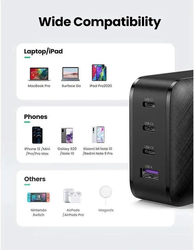 Alt view image 5 of 7 - Vszerda65W USB C Charger for Smartphone&Laptop, 4-Port Quick Charging Station, 3 USB-C 65W Charger Adapter, Type-C PD 3.0 Compatible for iPhone,Samsung Galaxy,iPad,MacBook,Pixel