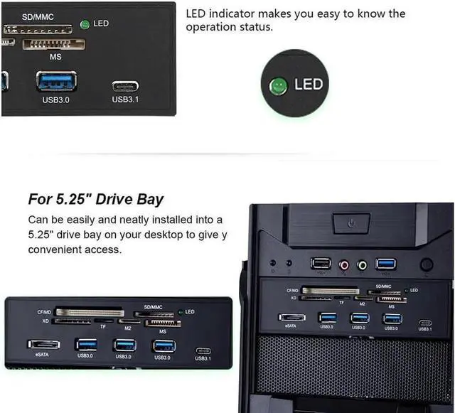 Alt view image 2 of 5 - Vszerda 5.25" Internal Card Reader Media Multi-Function Dashboard PC Front Panel Type-C USB 3.1 USB 3.0 Support CF