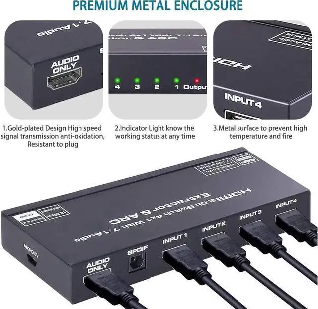 Alt view image 5 of 7 - Vszerda HDMI Switch 4x1 with Audio Extractor, 4K@60Hz Ultra HD HDMI Switcher with Optical TOSLINK SPDIF, 3.5mm Audio Support ARC Function, HDCP 2.2, RGB 8:8:8(7.1CH Dolby atmos),EDID,HDR 1
