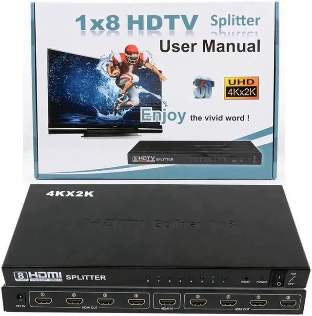 Alt view image 6 of 6 - Vszerda 8 Port 1x8 HDMI Splitter 8 Way HDMI Powered Splitter Ultra HD 4K,Full HD 1080P 3D Support One Input to Eight Outputs Compatible for Projector HDTV STB DVD PS3 Etc Power Supply Adapter