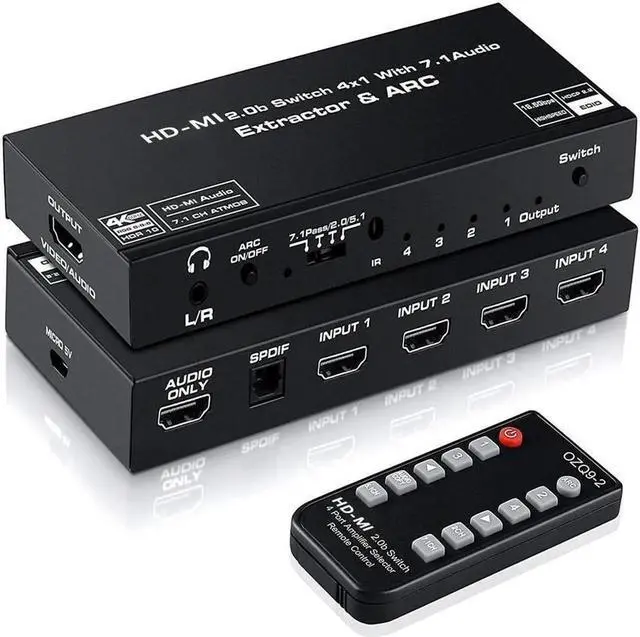 Main image of Vszerda HDMI Switch 4x1 with Audio Extractor 4K@60Hz Ultra HD HDMI Switcher with Optical TOSLINK SPDIF 3.5mmAudio Support ARC Function 3D 1080P@120Hz 4Kx2k @60Hz HDTV(IR Wireless Remote Control)