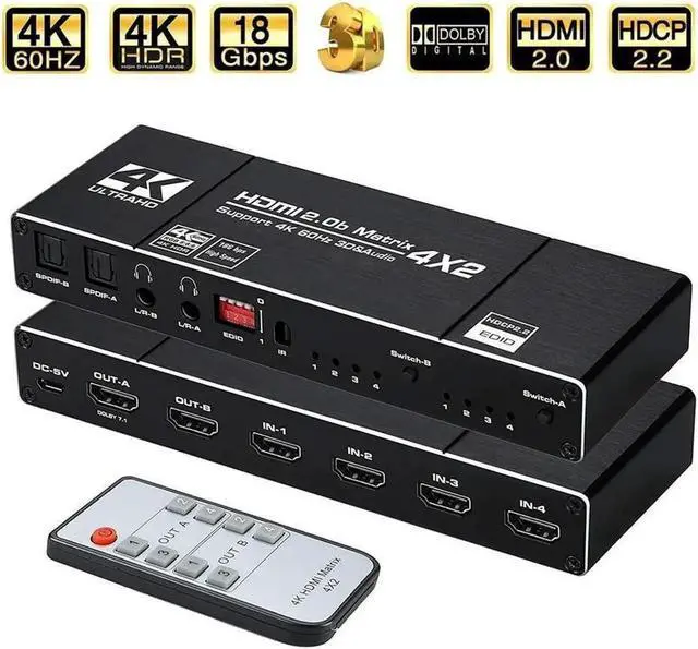 Main image of Vszerda 4K@60Hz HDMI Matrix Switch Splitter 4 in 2 Out with Remote, 4x2 HDMI Splitter Switcher 4K with 2xSPDIF & 2x3.5mm Audio, Support 4K,3D, 1080p,HDCP2.2, HDR 10 for PS4,Xbox,Fire Stick,etc