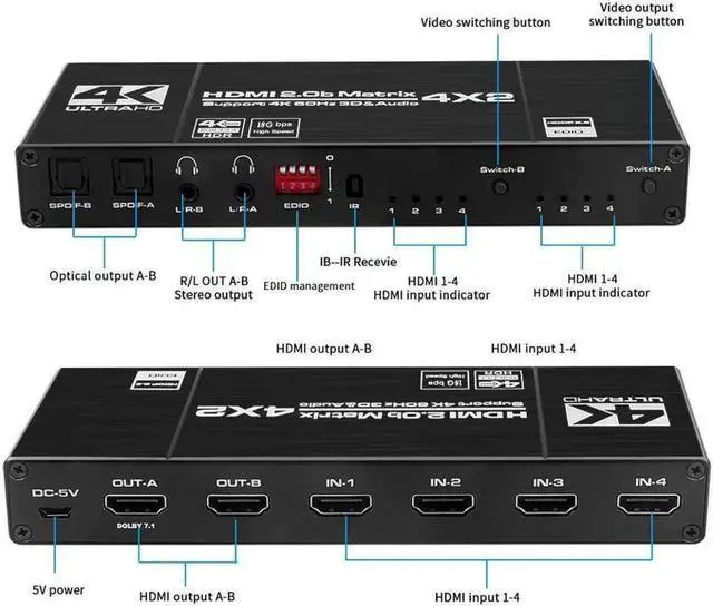 Alt view image 5 of 7 - Vszerda 4K@60Hz HDMI Matrix Switch Splitter 4 in 2 Out with Remote, 4x2 HDMI Splitter Switcher 4K with 2xSPDIF & 2x3.5mm Audio, Support 4K,3D, 1080p,HDCP2.2, HDR 10 for PS4,Xbox,Fire Stick,etc