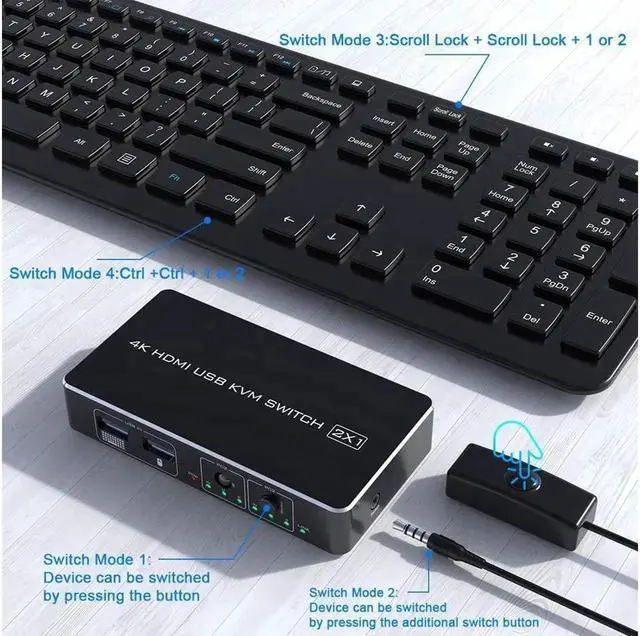 Alt view image 3 of 7 - Vszerda KVM Switch HDMI 2 Port Box Rocketek 2 USB 2.0 Hub Share 2 Computers to One HD Monitor 4K@30Hz KVM Switcher Adapter USB Switch Support Wireless Keyboard and Mouse Connections with 2 USB Cable