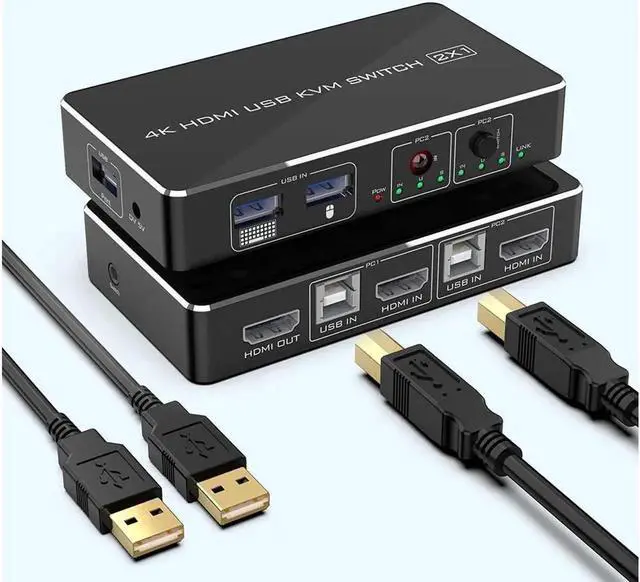 Main image of Vszerda KVM Switch HDMI 2 Port Box Rocketek 2 USB 2.0 Hub Share 2 Computers to One HD Monitor 4K@30Hz KVM Switcher Adapter USB Switch Support Wireless Keyboard and Mouse Connections with 2 USB Cable
