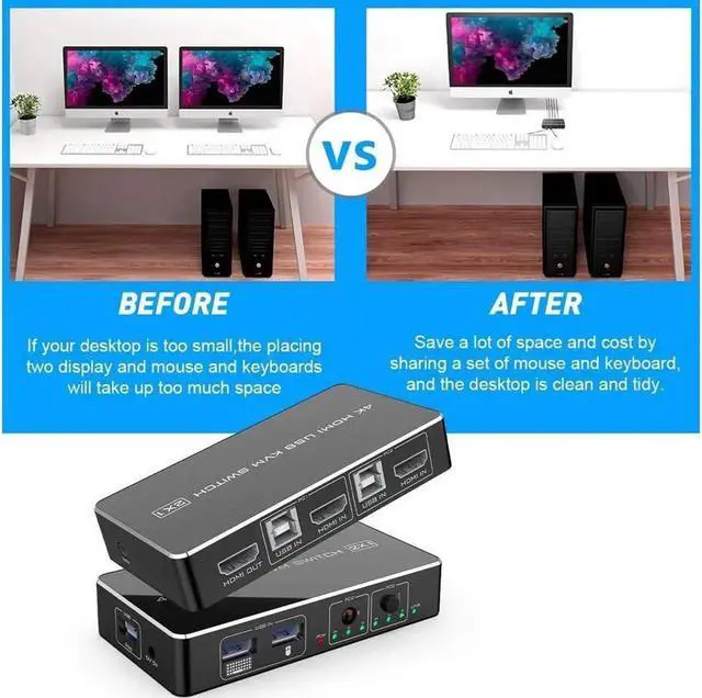 Alt view image 2 of 7 - Vszerda KVM Switch HDMI 2 Port Box Rocketek 2 USB 2.0 Hub Share 2 Computers to One HD Monitor 4K@30Hz KVM Switcher Adapter USB Switch Support Wireless Keyboard and Mouse Connections with 2 USB Cable