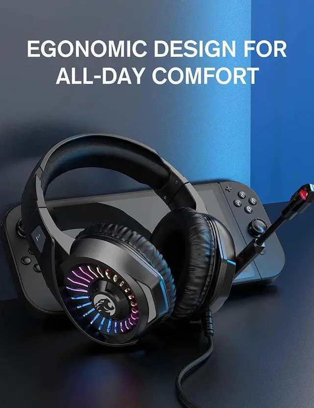 Alt view image 6 of 6 - Vszerda Gemdeck Gaming Headset with Microphone, Headphones with LED RGB Light, Stereo Surround Sound Blue