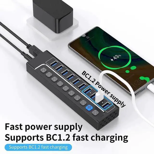 Alt view image 2 of 7 - Vszerda Powered USB Hub 3.0, 10-Port USB 3.0 Hub Splitter with Individual Switches and Indicator Lights, 10 USB 3.0 Data Transfer Ports, (included 4 Charging Ports) + 12V 3A Power Adapter