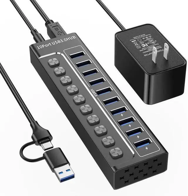 Main image of Vszerda Powered USB Hub 3.0, 10-Port USB 3.0 Hub Splitter with Individual Switches and Indicator Lights, 10 USB 3.0 Data Transfer Ports, (included 4 Charging Ports) + 12V 3A Power Adapter