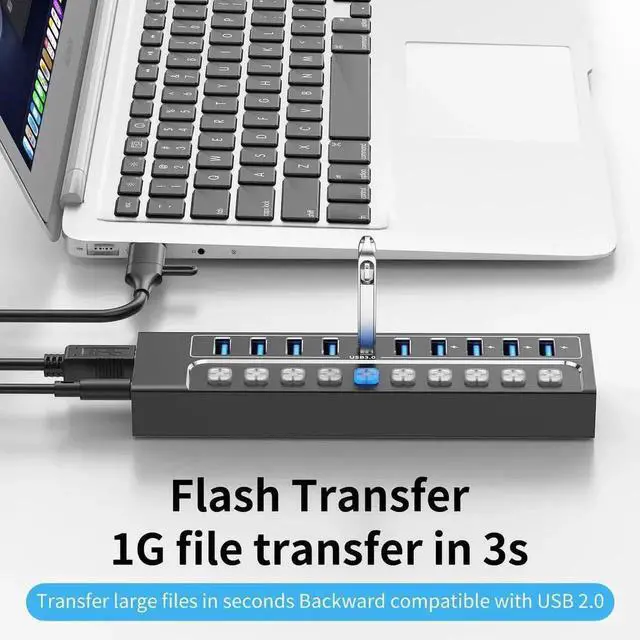 Alt view image 6 of 7 - Vszerda Powered USB Hub 3.0, 10-Port USB 3.0 Hub Splitter with Individual Switches and Indicator Lights, 10 USB 3.0 Data Transfer Ports, (included 4 Charging Ports) + 12V 3A Power Adapter