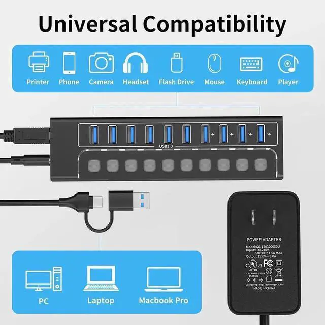 Alt view image 4 of 7 - Vszerda Powered USB Hub 3.0, 10-Port USB 3.0 Hub Splitter with Individual Switches and Indicator Lights, 10 USB 3.0 Data Transfer Ports, (included 4 Charging Ports) + 12V 3A Power Adapter