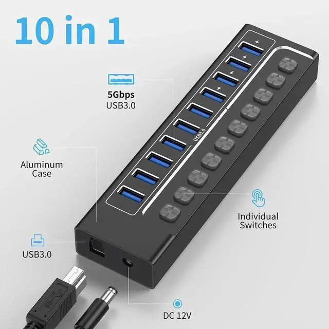 Alt view image 3 of 7 - Vszerda Powered USB Hub 3.0, 10-Port USB 3.0 Hub Splitter with Individual Switches and Indicator Lights, 10 USB 3.0 Data Transfer Ports, (included 4 Charging Ports) + 12V 3A Power Adapter