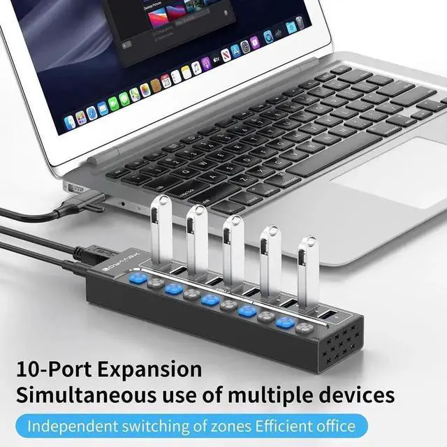 Alt view image 7 of 7 - Vszerda Powered USB Hub 3.0, 10-Port USB 3.0 Hub Splitter with Individual Switches and Indicator Lights, 10 USB 3.0 Data Transfer Ports, (included 4 Charging Ports) + 12V 3A Power Adapter
