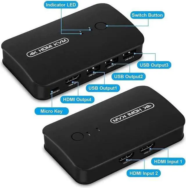 Alt view image 4 of 6 - Vszerda HDMI USB KVM Switch Selector for 2 Computers Share Keyboard Mouse Printer and One HD 4K Monitor, 2 KVM Cables Included