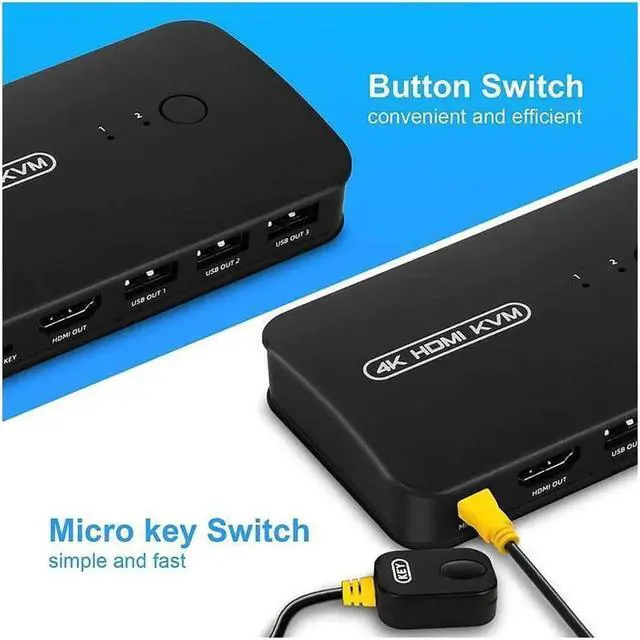 Alt view image 6 of 6 - Vszerda HDMI USB KVM Switch Selector for 2 Computers Share Keyboard Mouse Printer and One HD 4K Monitor, 2 KVM Cables Included
