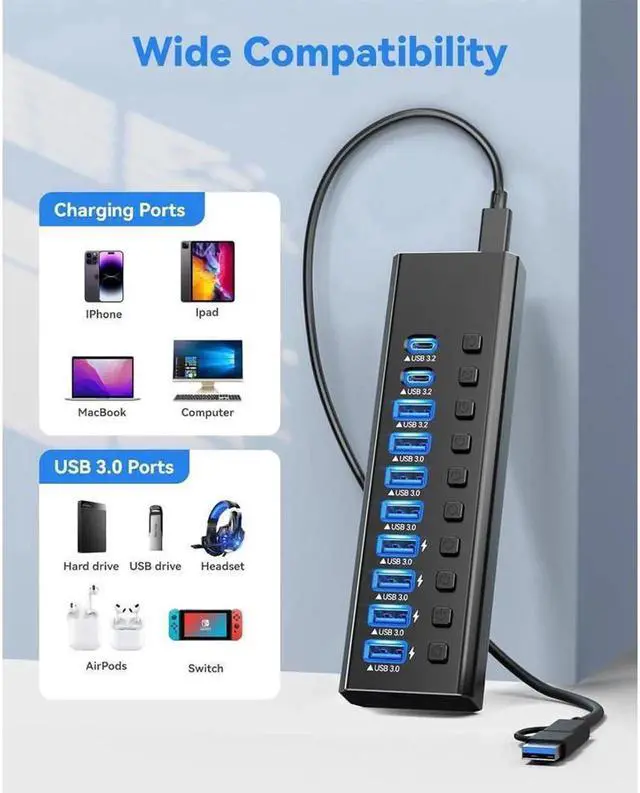 Alt view image 2 of 7 - Vszerda Powered USB Hub, 10-Port USB 3.0 Hub Splitter (4 USB 3.0 Data Ports + USB-C 3.0 Ports + 1 USB-A 3.2 Ports ) with Individual LED On/Off Switches, USB Hub 3.0 Powered with 48W AC Adapter