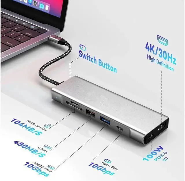 Alt view image 2 of 7 - Vszerda USB C Docking Station, 8 in 1 USB C Hub with 10Gbps M.2 PCIe/SATA SSD Enclosure, 4K HDMI, 100W PD, 10Gbps USB C/USB-A Gen 3.2/3.1, SD/TF, USB-A Port for Windows, Mac OS USB-C Laptop