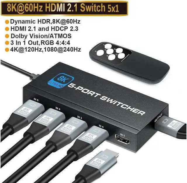 Alt view image 5 of 6 - Vszerda 8K@60Hz HDMI Switch 5x1 HD 8K HDMI Video Switcher Adapter 5 In 1 Out HDMI Splitter with Remote Control for DVD HDTV TV Box PS4 - OZ8Q5
