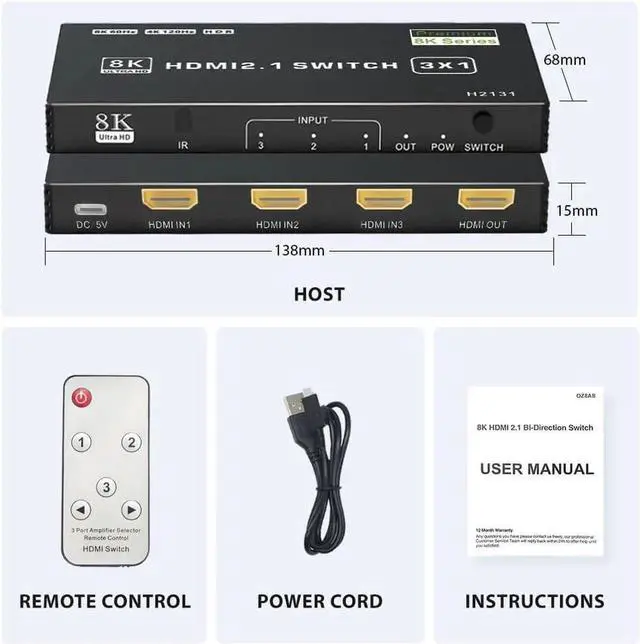 Alt view image 7 of 7 - Vszerda HDMI 2.1 Switch 3 in 1 Out, 8K 60Hz, 4K 120Hz, HDCP 2.3, HDR10, CEC, Auto Switching, Compatible with PS5, Xbox Series X/S, NS, PC, DVD, HDTV
