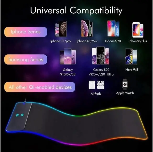 Alt view image 6 of 7 - Vszerda Wireless Charging RGB Gaming Mouse Pad 10W, LED Mouse Mat 800x300x4MM, 10 Light Modes Extra Large Mousepad Non-Slip Rubber Base Computer Keyboard Mat for Gaming, MacBook, PC, Laptop, Desk