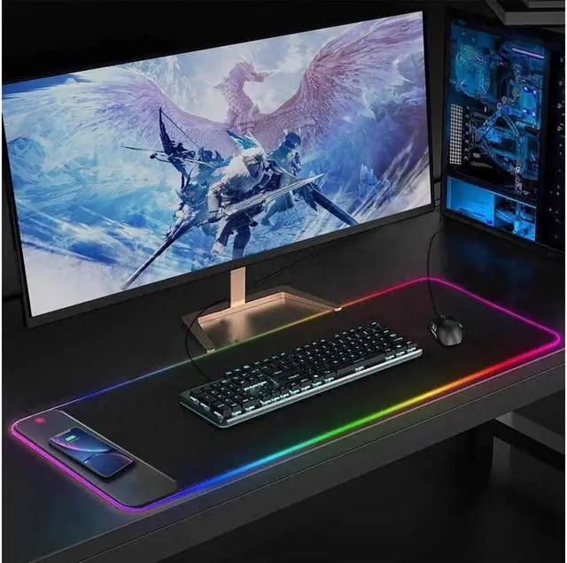Alt view image 4 of 7 - Vszerda Wireless Charging RGB Gaming Mouse Pad 10W, LED Mouse Mat 800x300x4MM, 10 Light Modes Extra Large Mousepad Non-Slip Rubber Base Computer Keyboard Mat for Gaming, MacBook, PC, Laptop, Desk