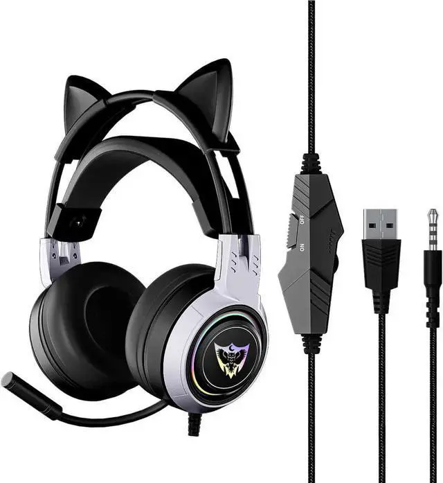 Main image of Vszerda Gemdeck Wired Headphones Cute Cat Ear Bluetooth Foldable Headphones Gift Silver Black