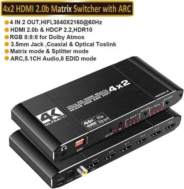 Main image of Vszerda HDMI Matrix 4x2, 4K HDMI Matrix Switch, 1080P 3D, Dolby TrueHD, DTS-HD Master, PCM7.1, Coaxial, 3.5mm Stereo Audio, EDID, IR Remote