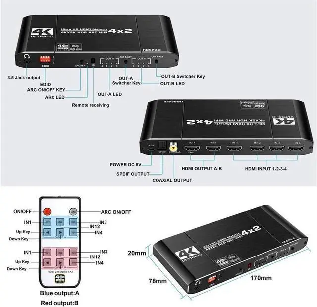 Alt view image 6 of 7 - Vszerda HDMI Matrix 4x2, 4K HDMI Matrix Switch, 1080P 3D, Dolby TrueHD, DTS-HD Master, PCM7.1, Coaxial, 3.5mm Stereo Audio, EDID, IR Remote